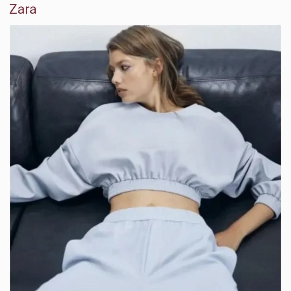 Zara Blue Neoprene Effect Pullover Cropped Top